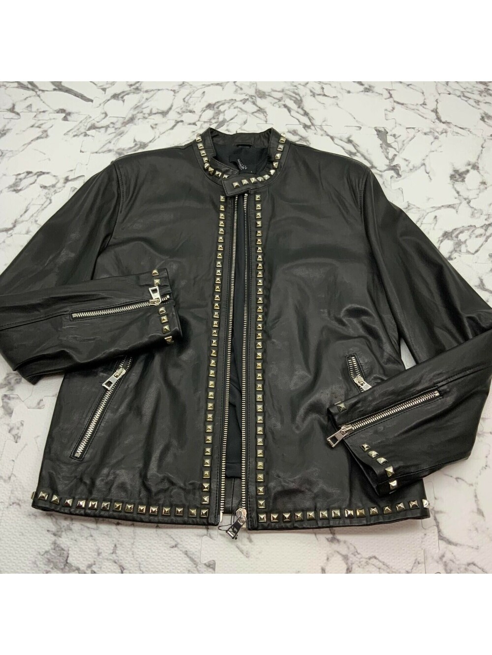 Men's Black Silver Motorcycle Lambskin Genuine Leather